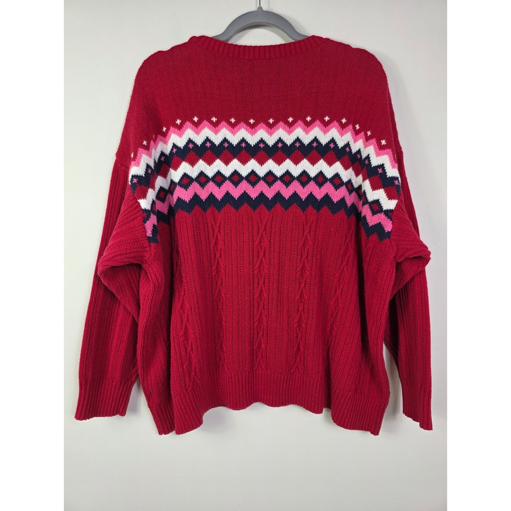 Chaps Women's 3X Red Fair Isle Cable Knit Sweater Crewneck Pink Navy White - Picture 4 of 5